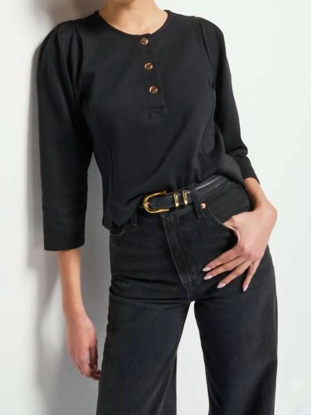 Nation LTD Janney Henley 100% Cotton Top in Jet Black size large